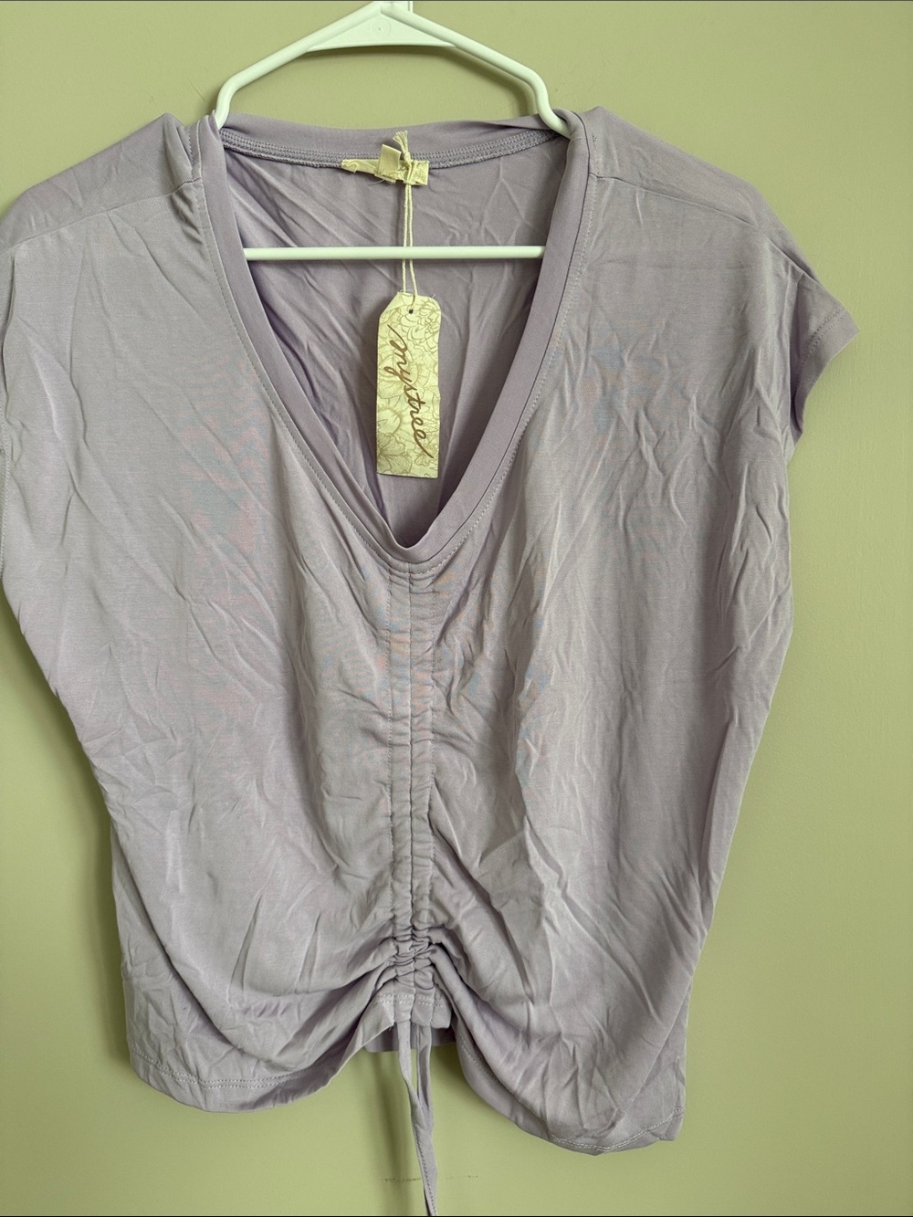 Drawstring V-Neck Short Sleeve Top - Lavender